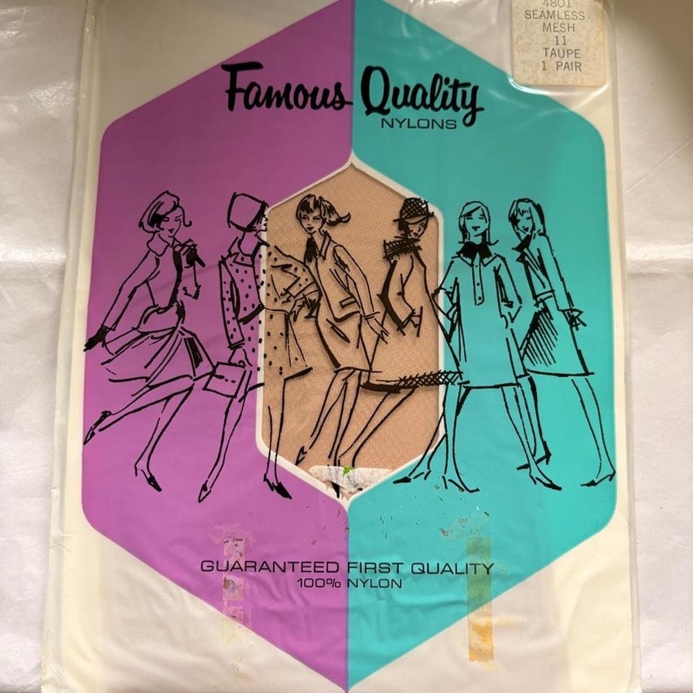 Vintage 1960s Famous Quality Nylon Seamless Mesh Tape Up Pantyhose